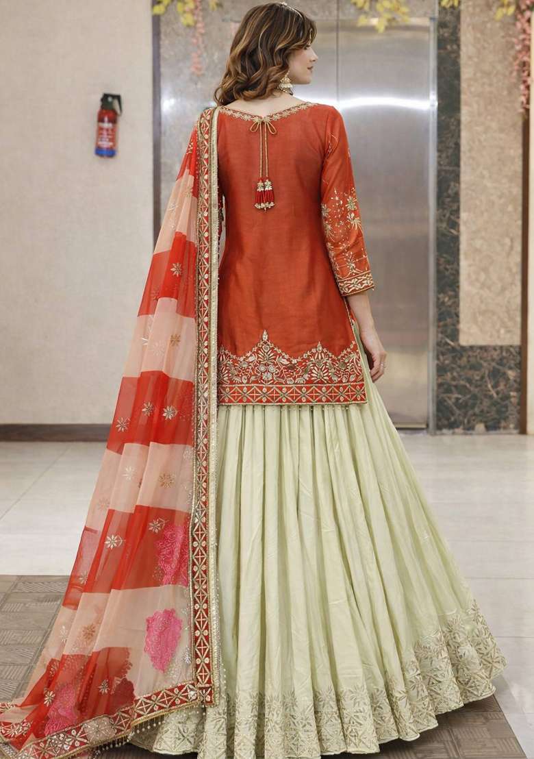 Rust Silk Lehenga Set with Embroidery for Diwali | Wedding & Festive Wear - Indya