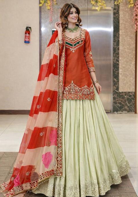 Rust Embroidery Silk Lehenga Set