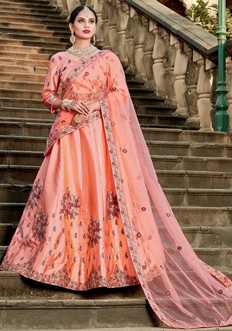 Peach Embroidered Satin Lehenga Set