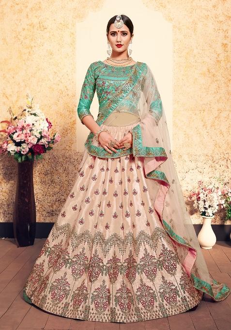Peach Embroidered Satin Lehenga Set
