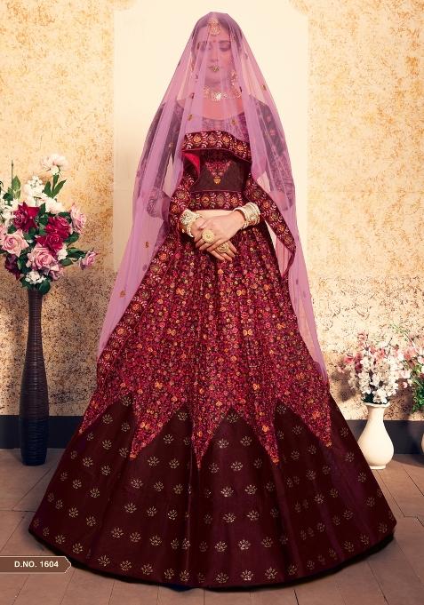 Maroon Embroidered Satin Lehenga Set