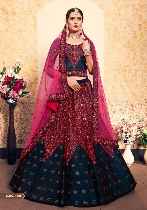 Navy Blue Embroidered Satin Lehenga Set