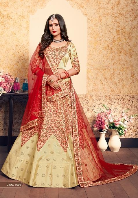 Beige Embroidered Satin Lehenga Set
