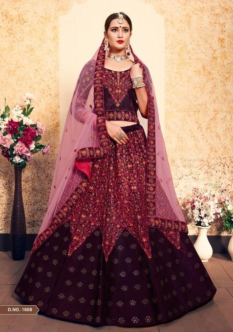 Brown Embroidered Satin Lehenga Set