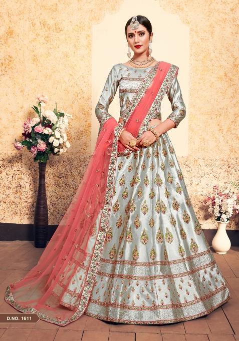 Grey Embroidered Satin Lehenga Set