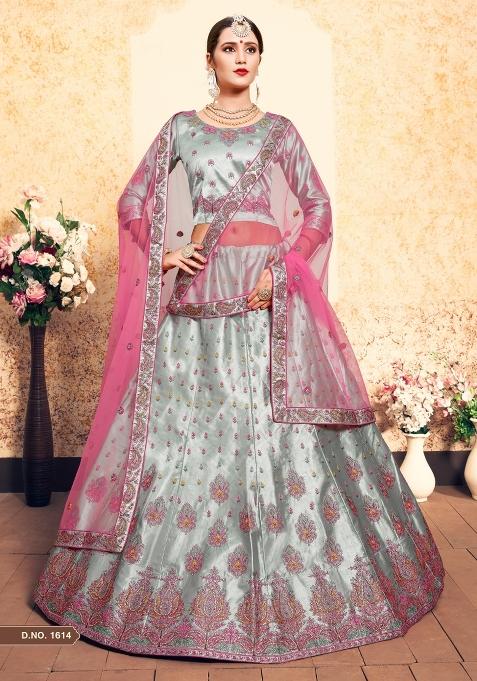 Grey Embroidered Satin Lehenga Set