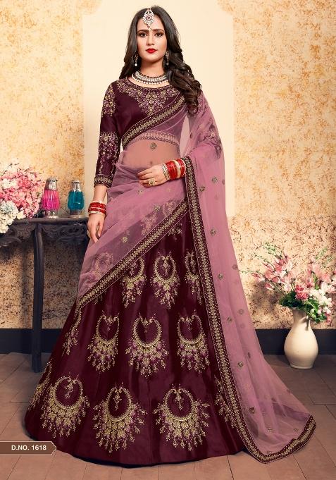 Brown Embroidered Satin Lehenga Set