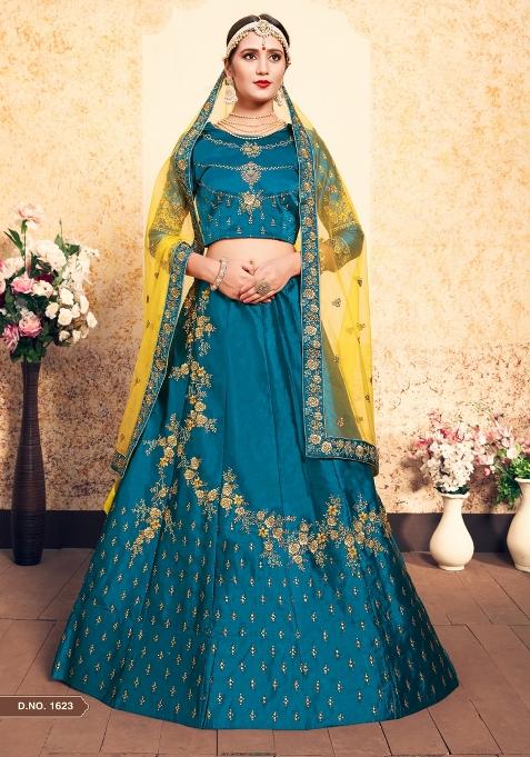 Blue Embroidered Satin Lehenga Set