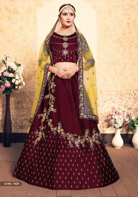 Maroon Embroidered Satin Lehenga Set