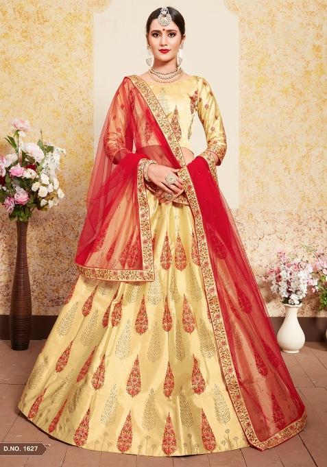 Beige Embroidered Satin Lehenga Set
