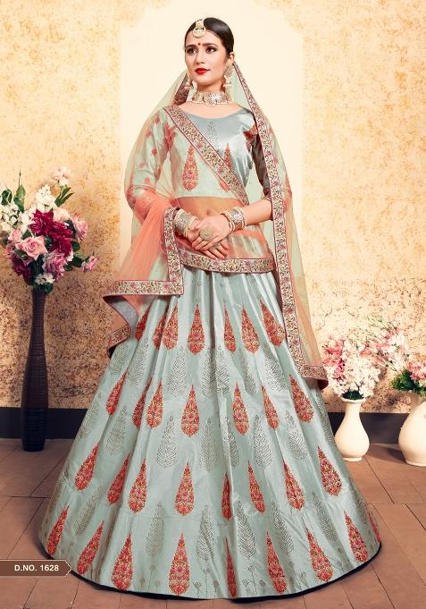 Grey Embroidered Satin Lehenga Set