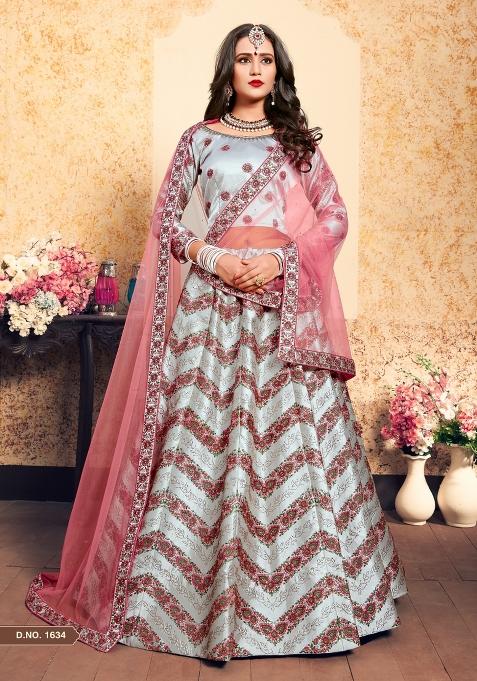 Grey Embroidered Satin Lehenga Set