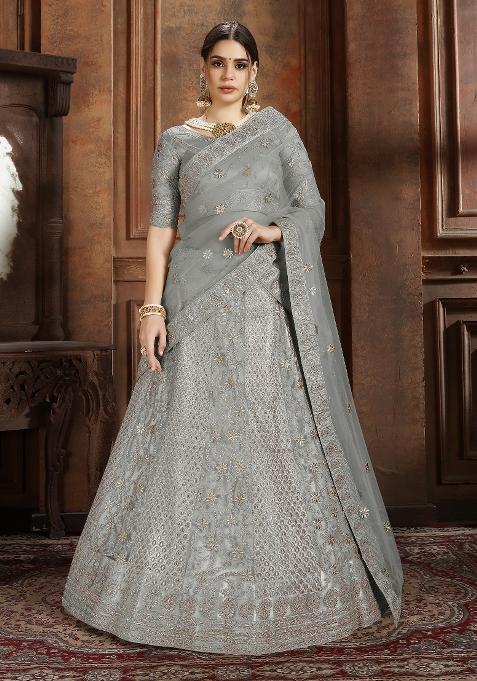 Grey Embroidered Net Lehenga Set