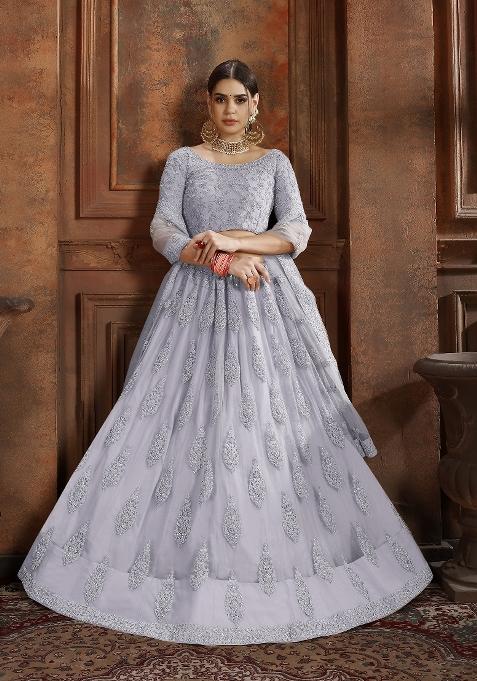 Grey Embroidered Net Lehenga Set