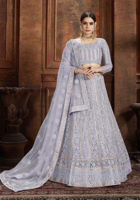 Grey Embroidered Net Lehenga Set