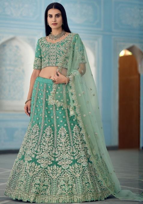 Turquoise Blue Embroidered Organza Lehenga Set