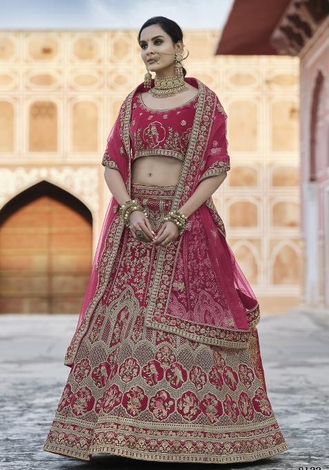 Pink Embroidered Velvet Lehenga Set