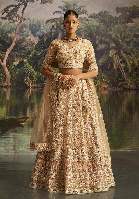 Cream Embroidered Georgette Lehenga Set