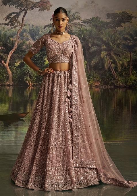 Mauve Embroidered Net Lehenga Set