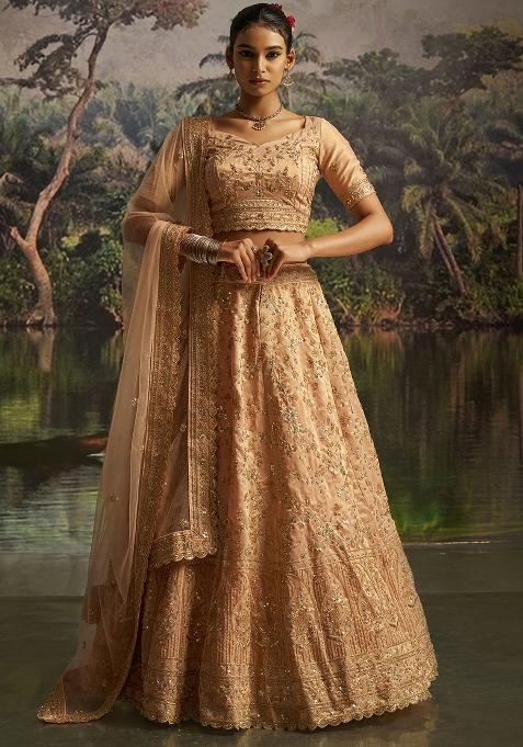 Peach Embroidered Net Lehenga Set