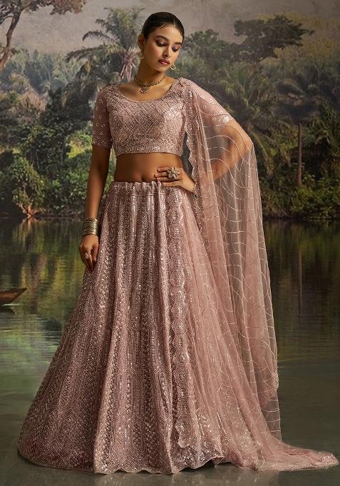 Mauve Embroidered Silk Blend Lehenga Set