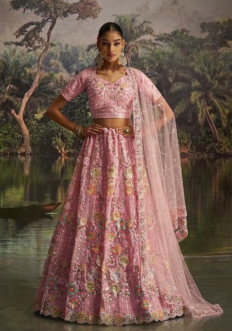 Pink Embroidered Net Lehenga Set