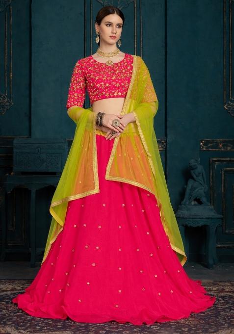 Pink Embroidered Velvet Lehenga Set