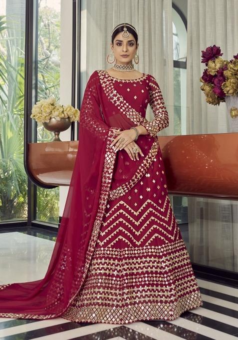 Red Embroidered Georgette Lehenga Set
