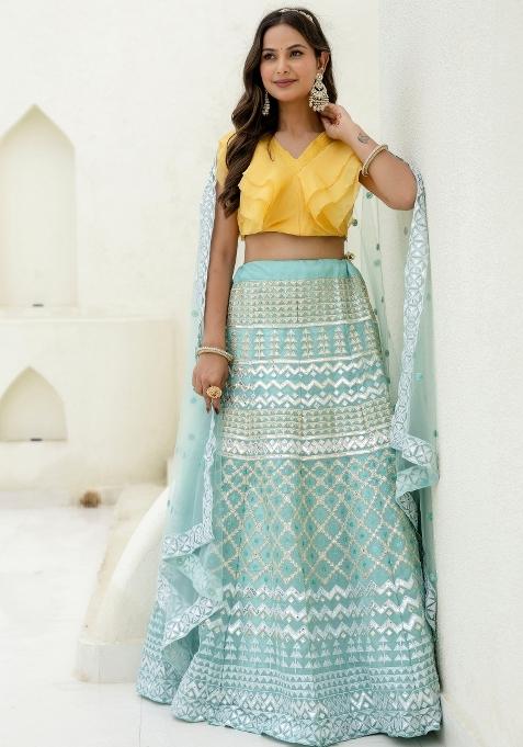 Turquoise Blue Embroidered Georgette Lehenga Set