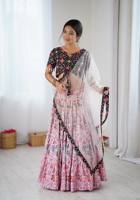 Multicolor Embroidered Poly Chiffon Lehenga Set