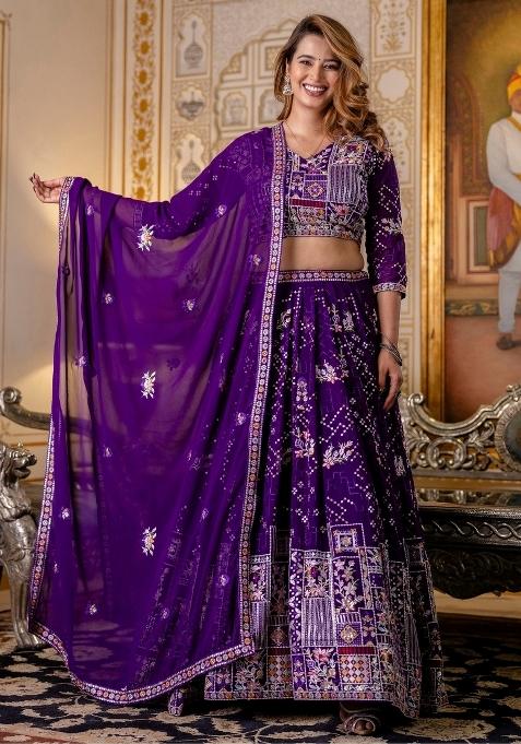 Purple Embroidered Viscose Rayon Lehenga Set