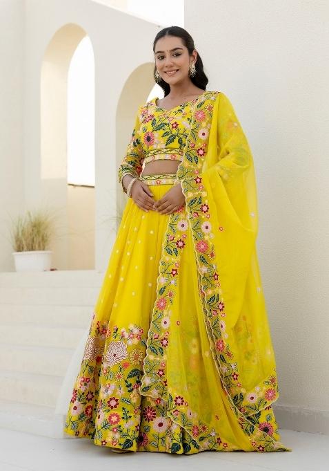 Yellow Embroidered Georgette Lehenga Set
