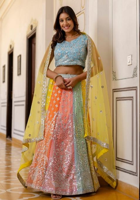 Multicolor Embroidered Georgette Lehenga Set