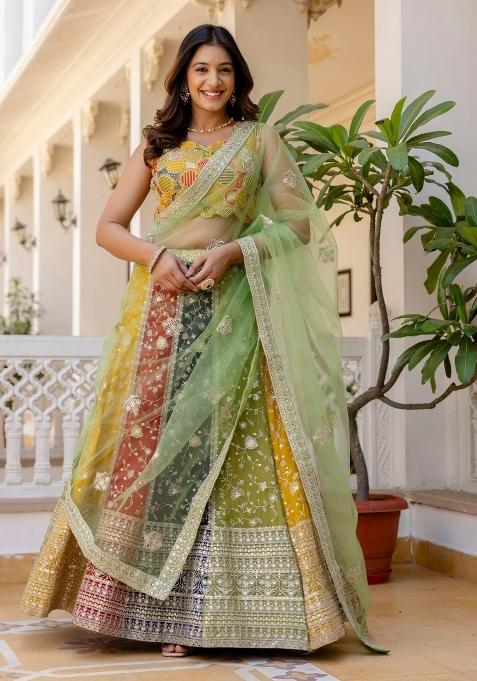 Multicolor Embroidered Georgette Lehenga Set