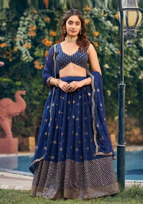 Blue Embroidered Georgette Lehenga Set