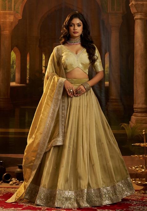 Olive Green Embroidered Silk Blend Lehenga Set