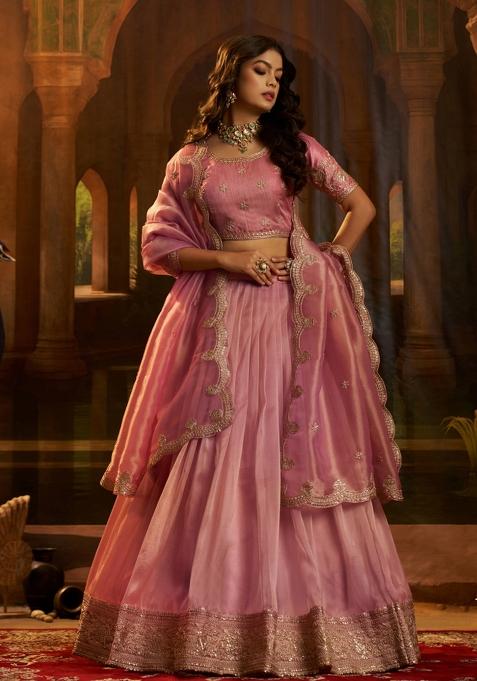 Pink Embroidered Silk Blend Lehenga Set
