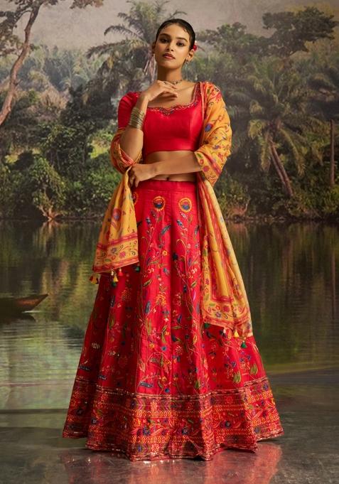 Red Embroidered Silk Blend Lehenga Set
