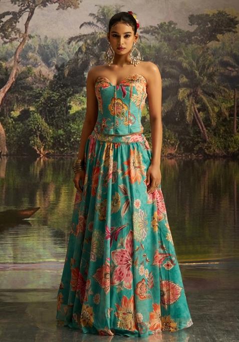 Emerald Green Hand Work Georgette Lehenga Set