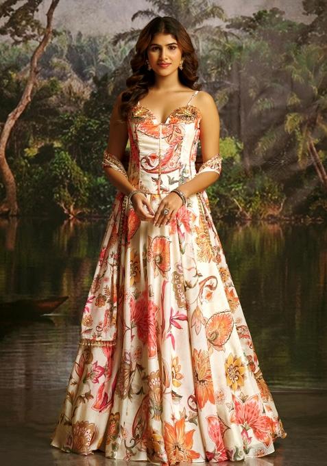Off White Hand Work Georgette Lehenga Set