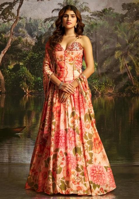 Peach Hand Work Georgette Lehenga Set