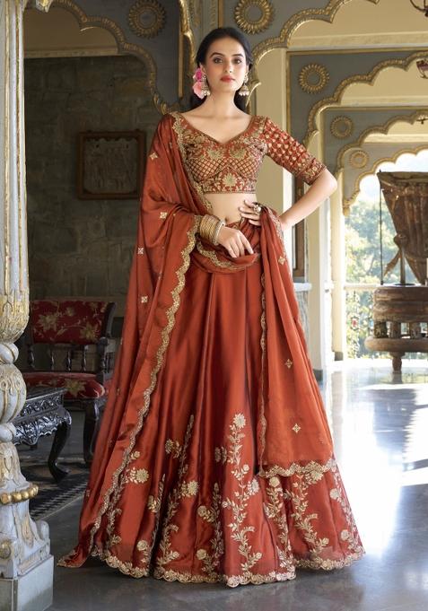 Rust Embroidered Silk Blend Lehenga Set