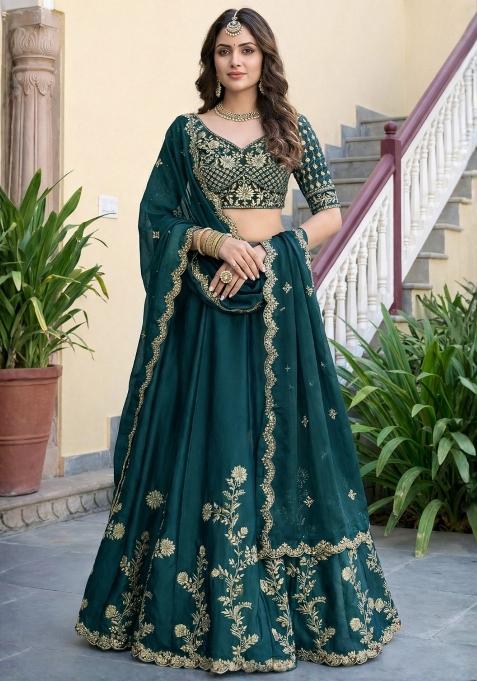 Teal Embroidered Silk Blend Lehenga Set