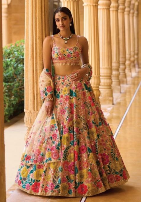 Multicolor Embroidered Georgette Lehenga Set