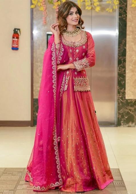Pink Embroidered Silk Blend Lehenga Set