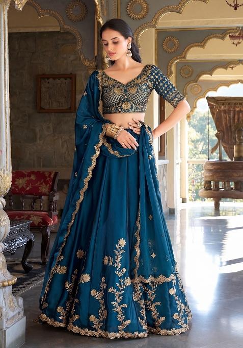 Blue Embroidered Silk Blend Lehenga Set