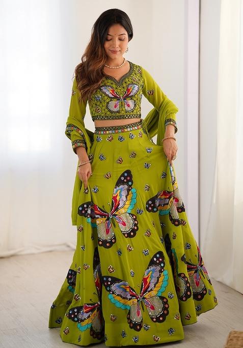 Green Embroidered Georgette Lehenga Set
