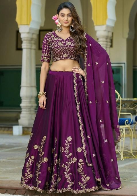 Wine Embroidered Silk Blend Lehenga Set