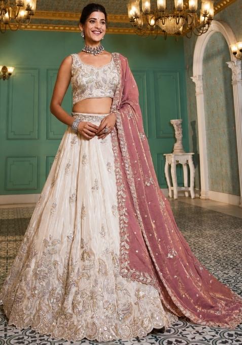 Ivory Embroidered Tissue Lehenga Set