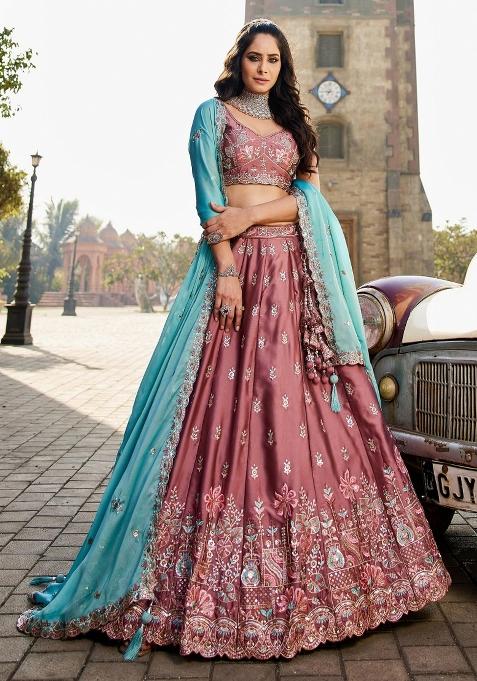 Rust Pink Sequin Silk Blend Lehenga Set